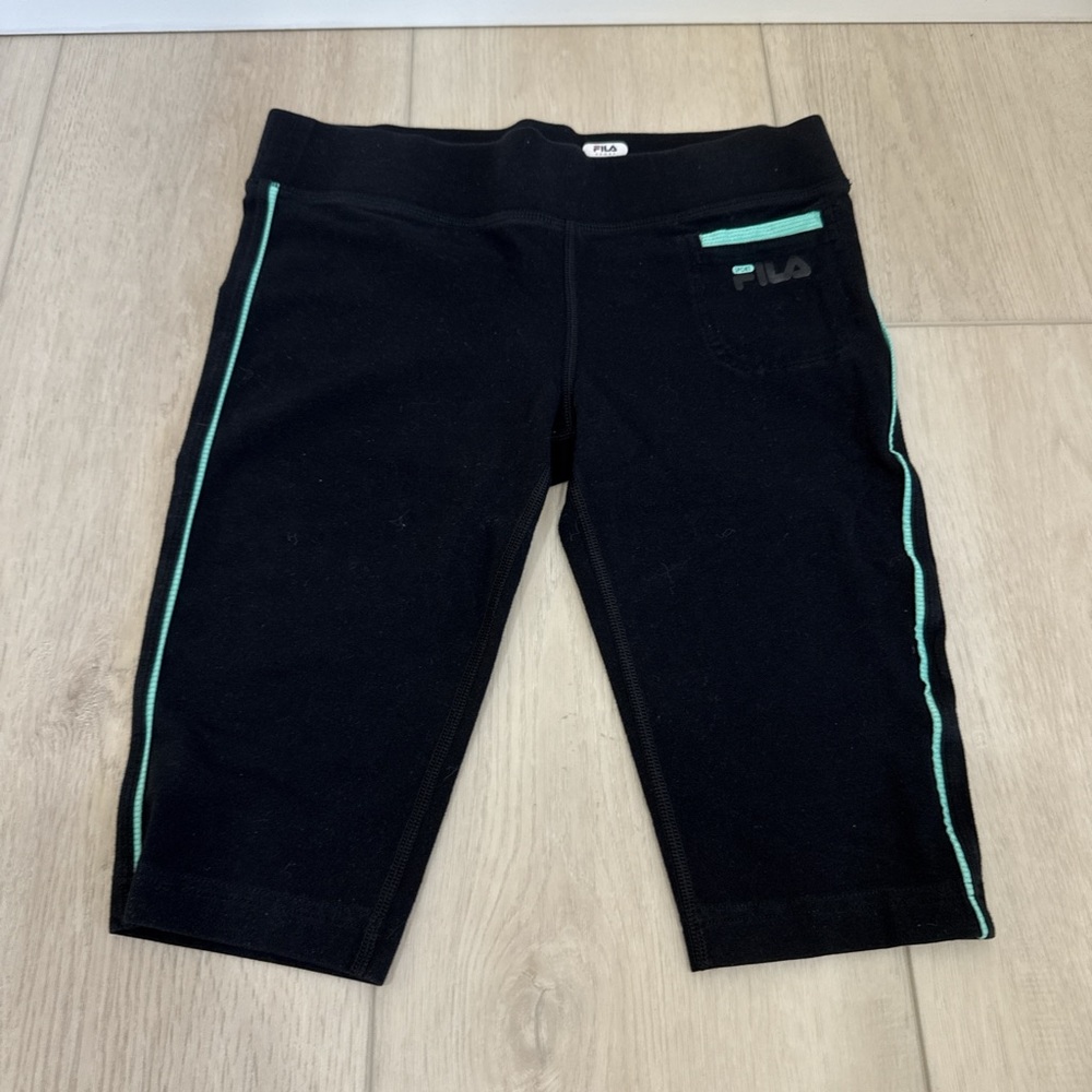 Fila Biker Shorts Black Leggings with Green detail Stretchy Fabric Womens XS